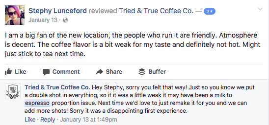 Coffee shop responding to a negative Facebook review