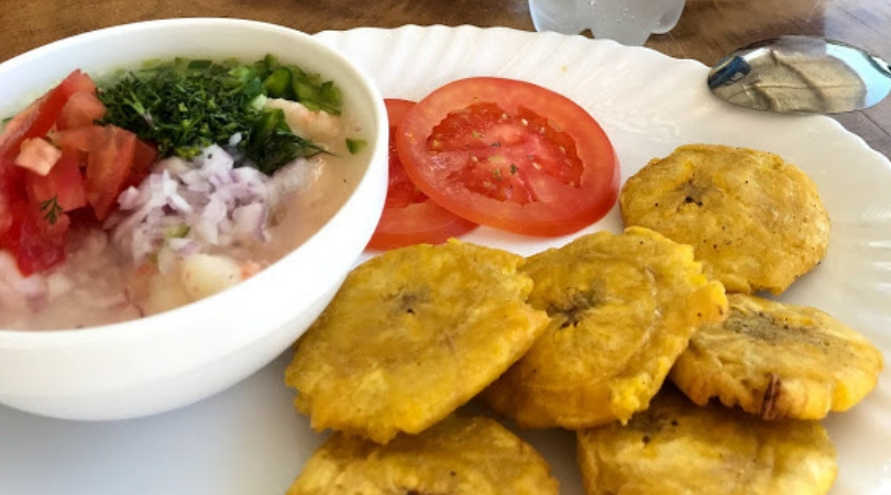 Plate of ceviche and plantains in Puerto Lopez, Ecuador