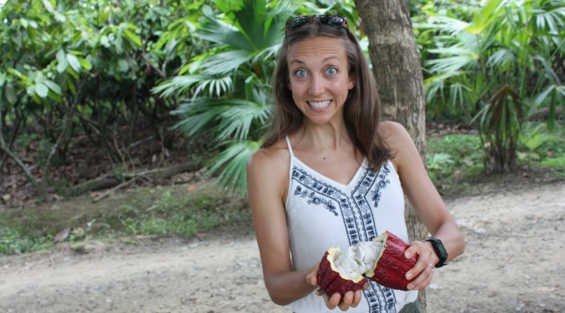 Holding the inside of a cocoa pod