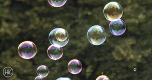 bubbles floating in front of green trees